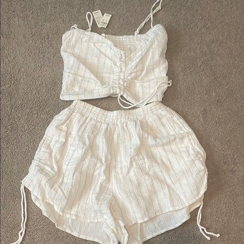 White Ruched Crop Top and Shorts Set Aerie